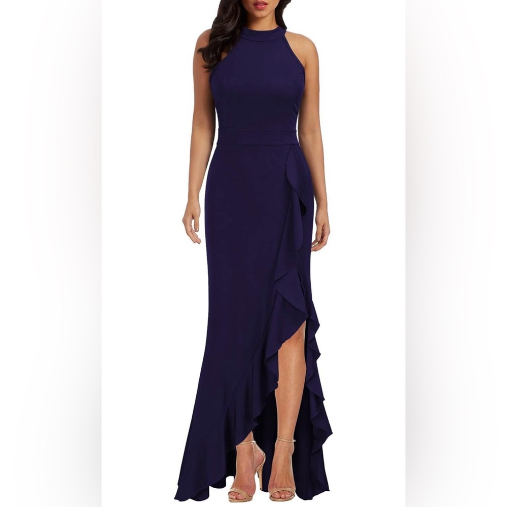 Navy blue, long dress with side slit. Worn once as a wedding guest.